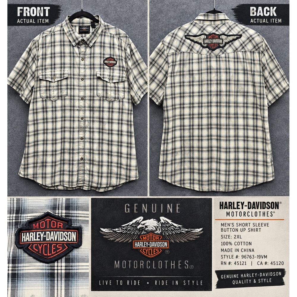 Harley-Davidson Button Up Mens Plaid S/S Shirt Cream 2XL Good Biker Aesthetic